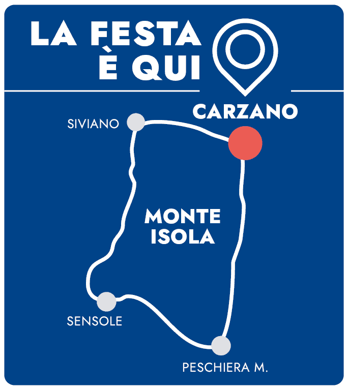 Croce blu con mappa e indicazioni delle località di Carzano, Siviano, Monte Isola, Sensole, Peschiera M. per eventi e feste in zona.