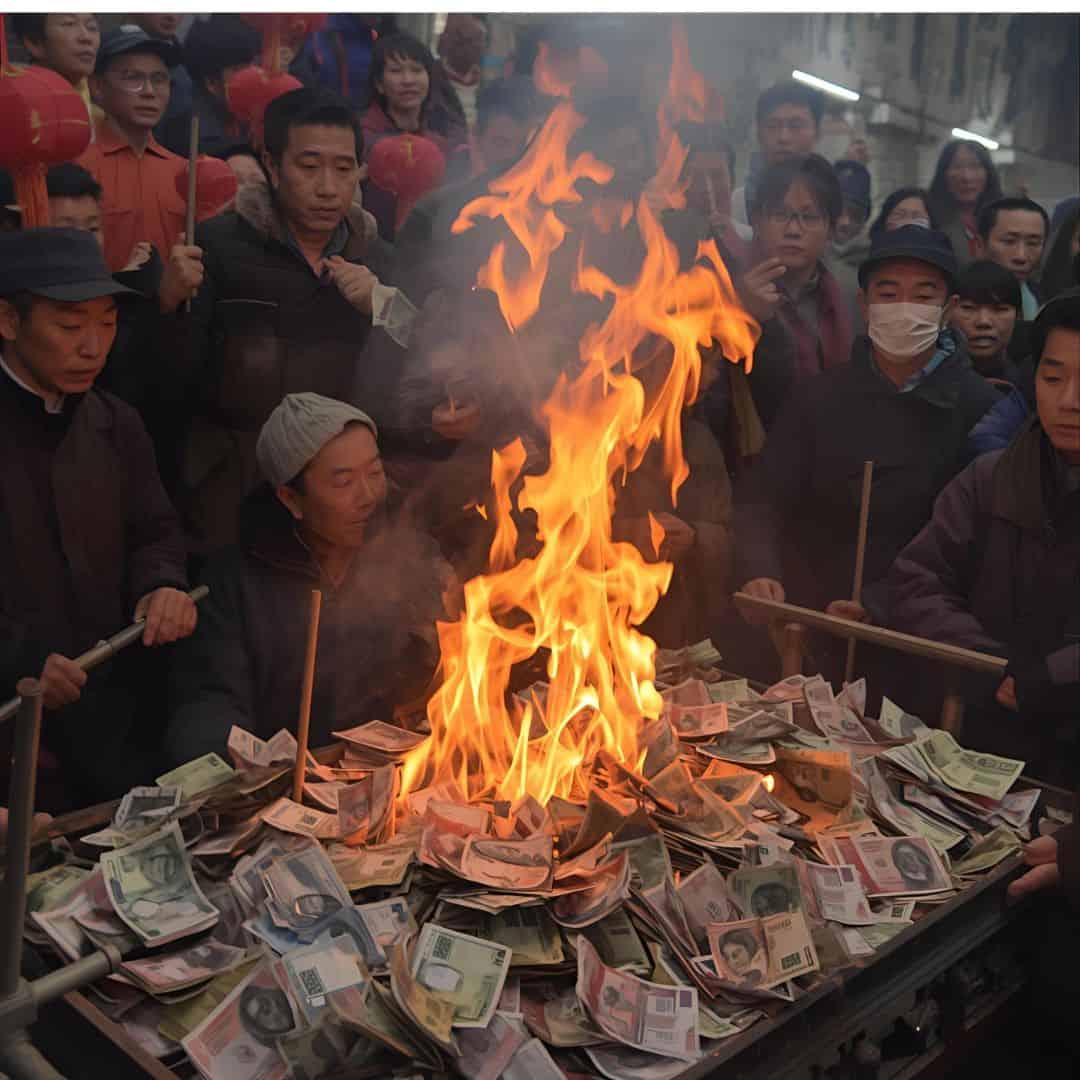 Perché in Asia bruciano banconote ai funerali 2 Perché in Asia bruciano banconote ai funerali? Fumata di soldi in fiamme durante un rituale tradizionale cinese, con numerosi partecipanti che osservano attentamente, creando un'atmosfera di cultura e spiritualità.