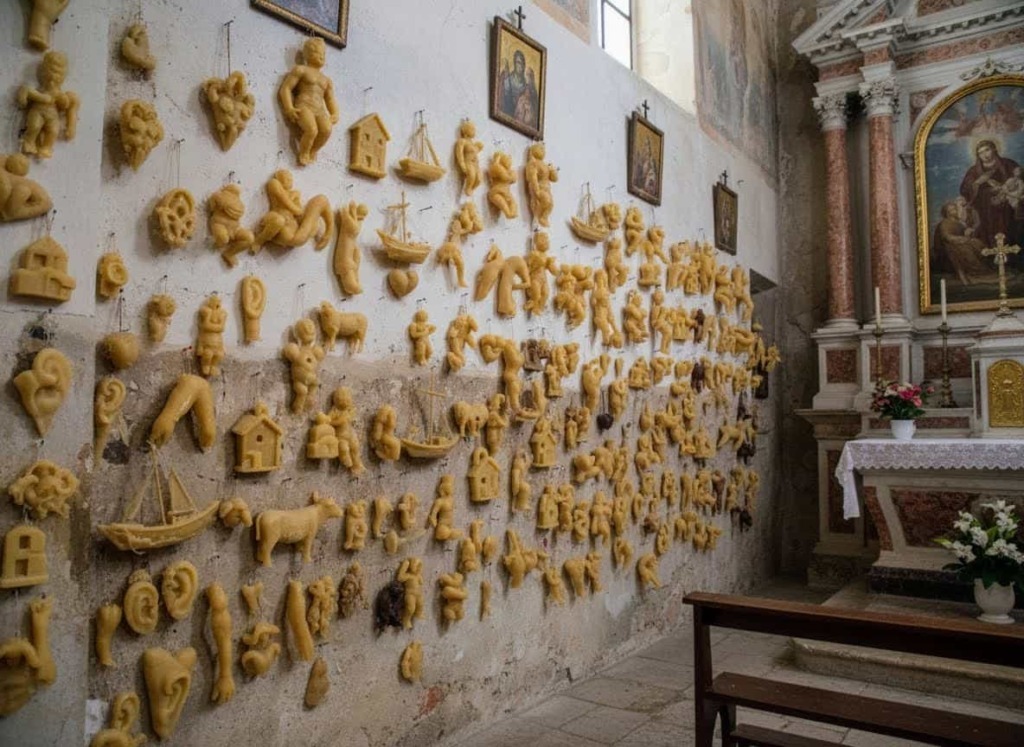 Sculture di cera in stile sacro nella chiesa italiana.