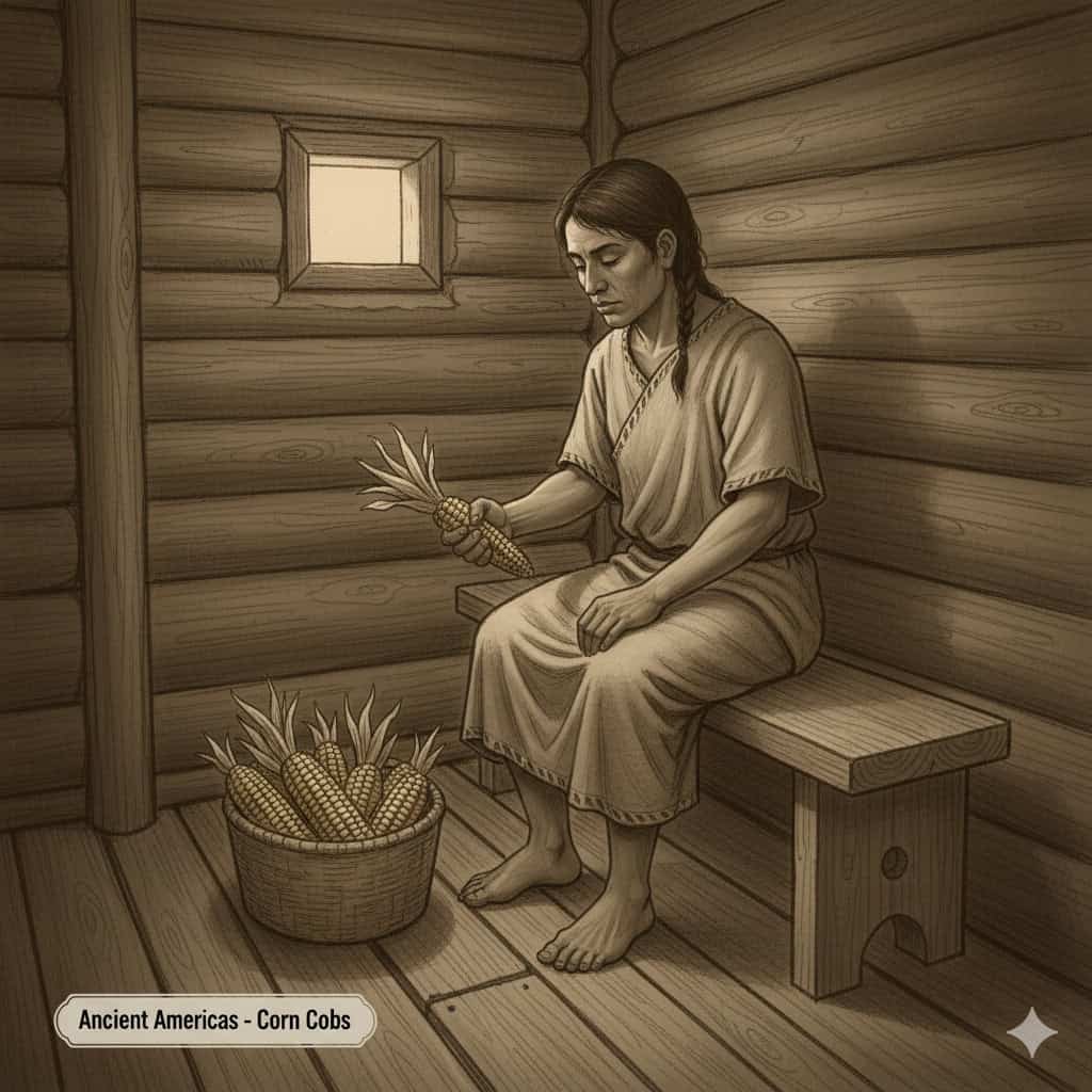 Femminile anziana delle antiche Americhe seduta in una capanna di legno, che tiene un mazzo di granturco, con un secchio di corn cobs vicino, rappresentazione storica di uno stile di vita tradizionale.