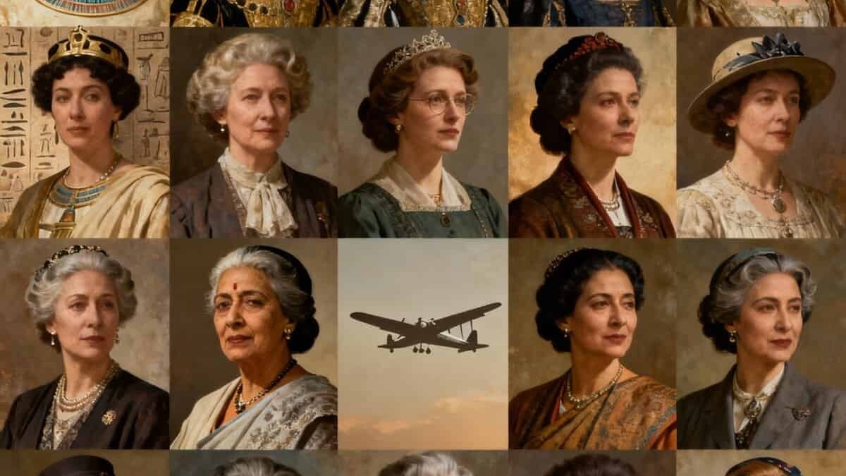 Ragazza con cappellino su un aereo, fotografie di donne storiche in abiti eleganti con corona, gioielli e acconciature d'epoca, ritratto vintage di stile reale e signorile.
