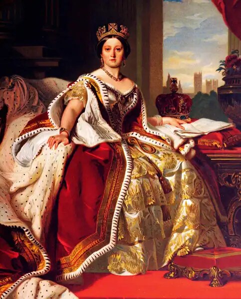 Regina Vittoria in abiti regali, dipinto storico di epoca vittoriana, ambientazione royale e dettagli di moda antica, perfetto per appunti sul blog su storia, monarchia e artigianato artistico.
