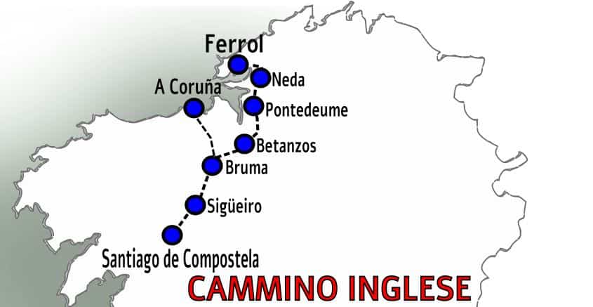 Cammino inglese percorso storico e culturale da Ferrol a Santiago de Compostela in Spagna, evidenziando le principali tappe e località lungo il celebre pellegrinaggio.