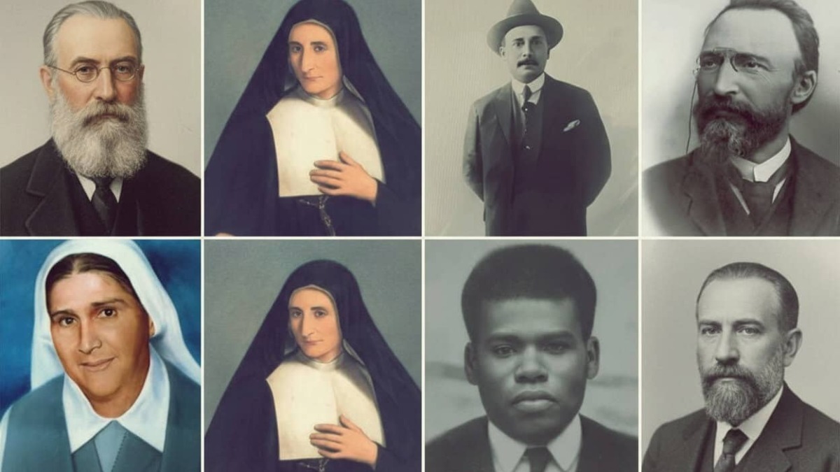 Riflettori su personaggi storici e religiosi, ritratti in stili diversi e periodi temporali, immagine di collezione di ritratti famosi e iconici, arte e fotografia storica.