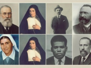 Riflettori su personaggi storici e religiosi, ritratti in stili diversi e periodi temporali, immagine di collezione di ritratti famosi e iconici, arte e fotografia storica.