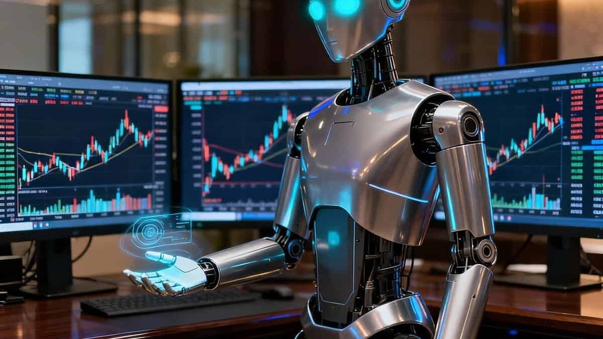 Robot robotica intelligenza artificiale analisi dati mercati finanziari tecnologia all'avanguardia.