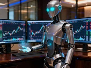 Robot robotica intelligenza artificiale analisi dati mercati finanziari tecnologia all'avanguardia.