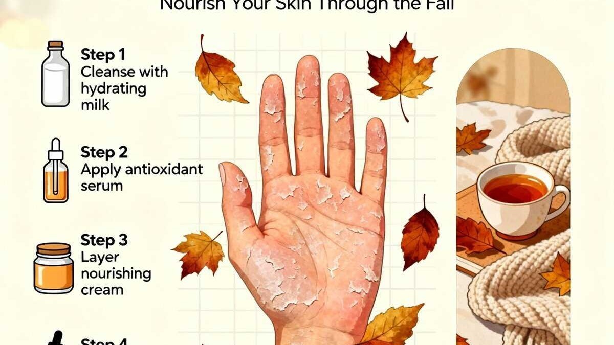 Creme viso per pelle secca autunnale, con foglie autunnali e tazza di tè, illustrato a guida di cura della pelle secca in autunno.