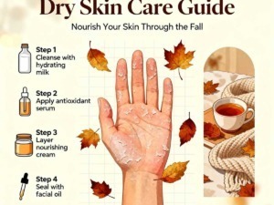 Creme viso per pelle secca autunnale, con foglie autunnali e tazza di tè, illustrato a guida di cura della pelle secca in autunno.