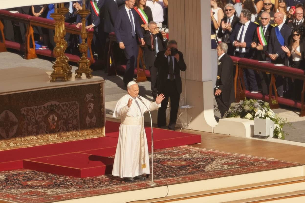 7 nuovi santi papa leone XIV da 4 continenti 2 Papa Francesco durante l'Udienza Generale in Vaticano, con fedeli e autorità presenti, mentre pronunciava un discorso pubblico in un contesto religioso e ufficiale.