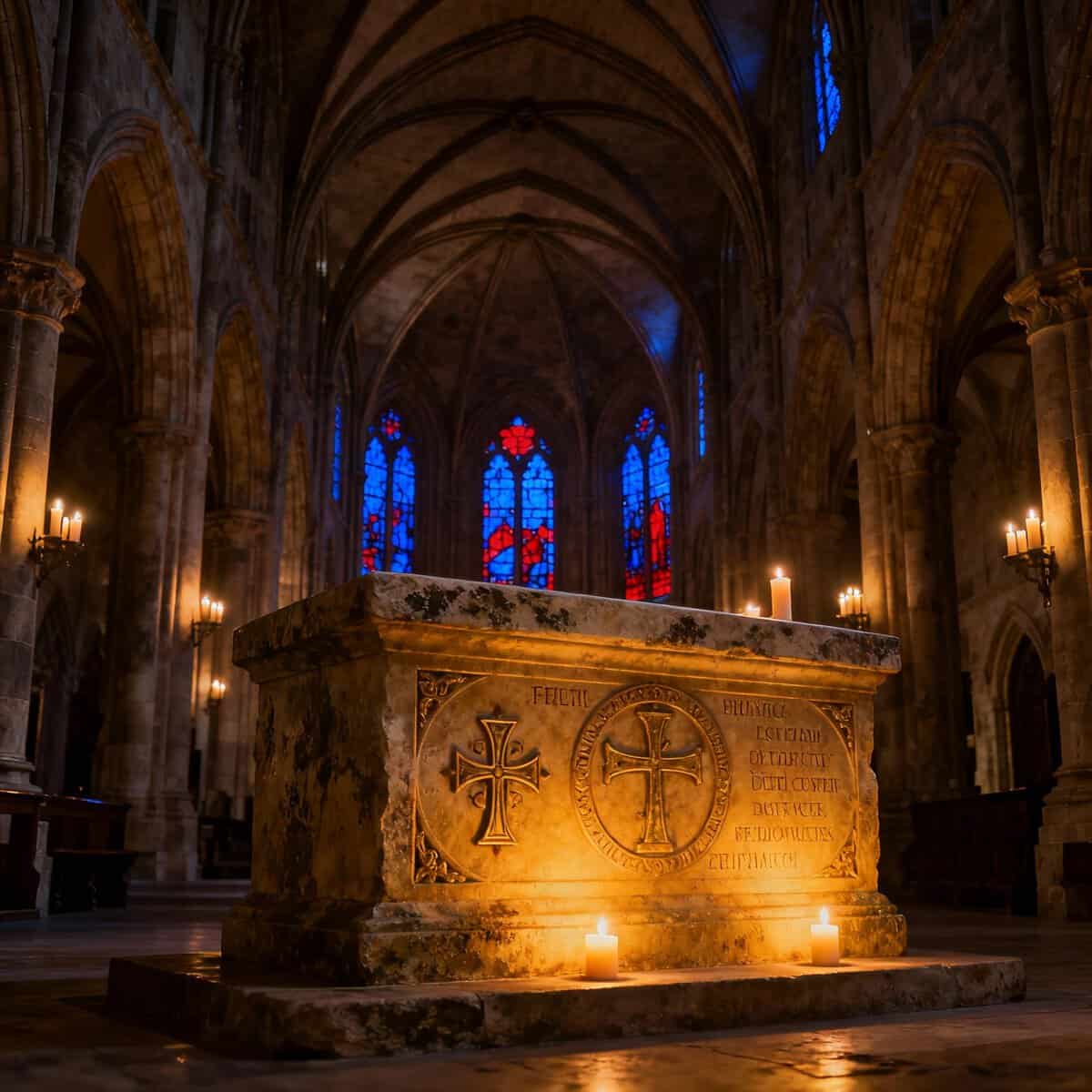 Santa croce, cattedrale gotica con altare di pietra, ampie vetrate colorate, candele accese e archi a volta, atmosfera religiosa e storica in ambiente sacro.