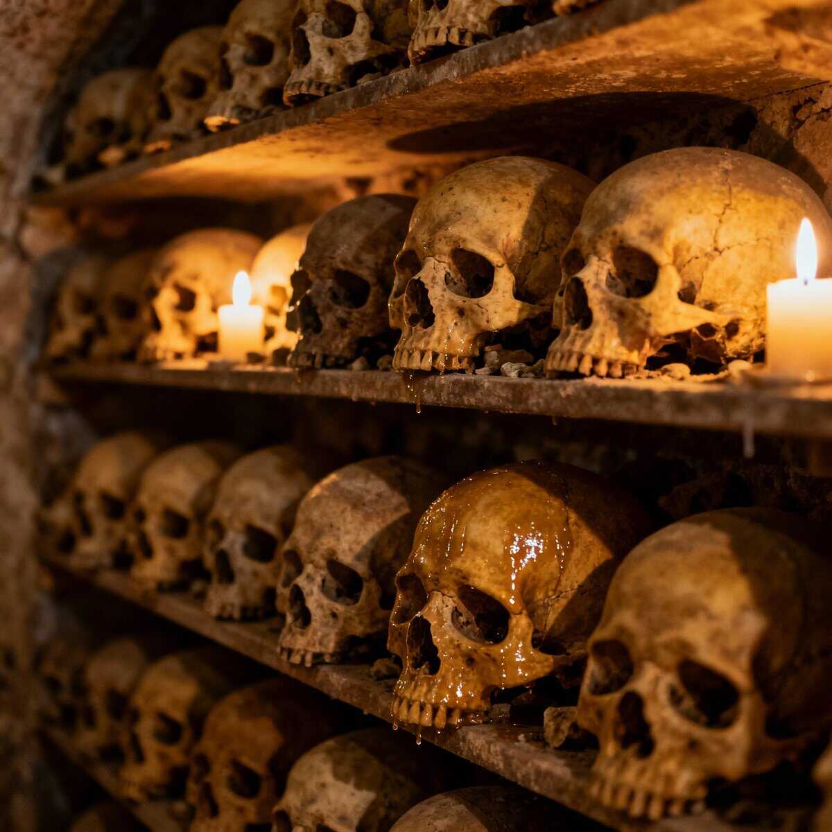 Teschi umani antichi in una cripta con candele, atmosfera misteriosa e inquietante, simbolo di memoria storica e rituali funerari. Perfetto per contenuti storici, culturali e di misticismo.