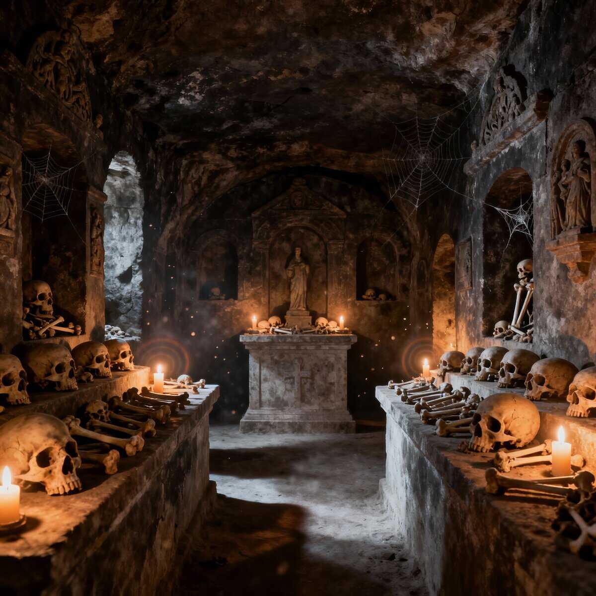 Skull e ossa umane all'interno di una grotta antica, ambientazione spettrale e misteriosa decorata con candele e ragnatele, atmosfera darks, adatta a temi di Illuminismo, occulto o storie horror.