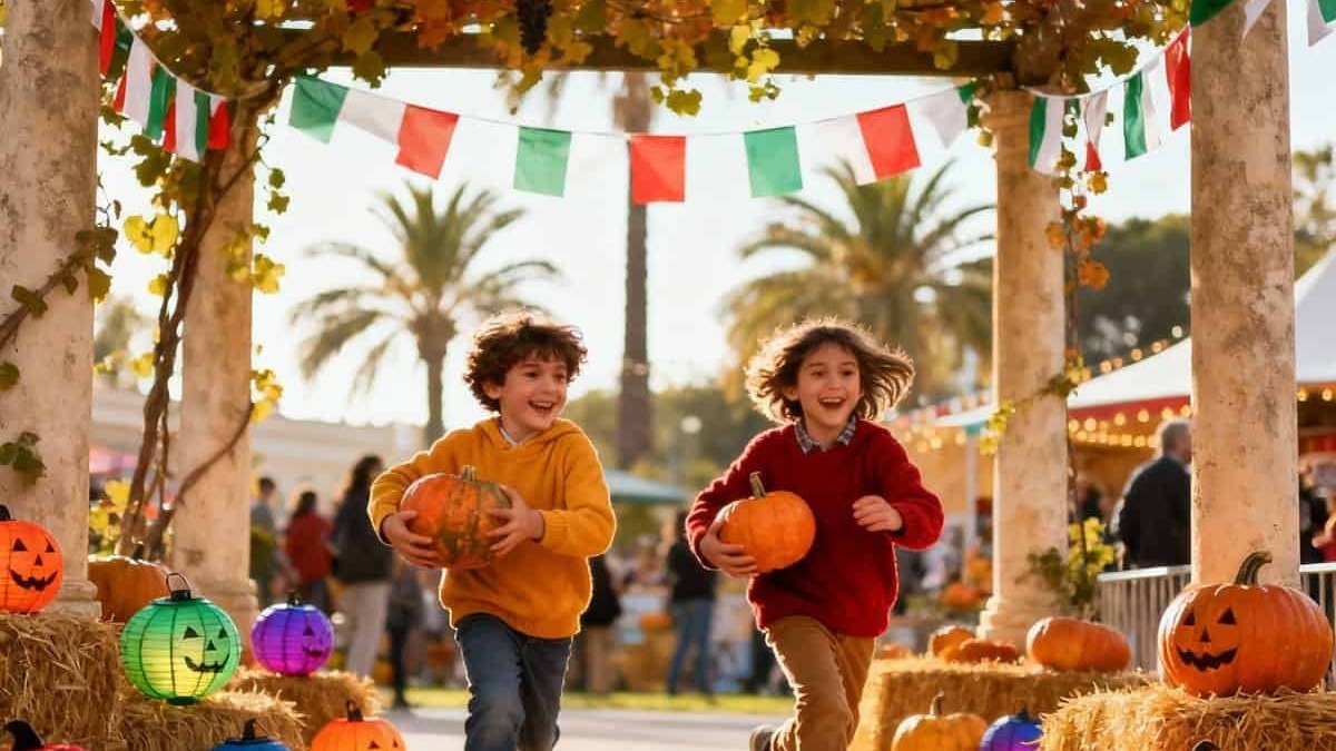 Viviani bambini che corrono tra zucche di Halloween e lanterne colorate in un parco autunnale. Decorazioni festive, luci e atmosfera di festa di Halloween in una giornata soleggiata.