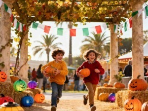 Viviani bambini che corrono tra zucche di Halloween e lanterne colorate in un parco autunnale. Decorazioni festive, luci e atmosfera di festa di Halloween in una giornata soleggiata.