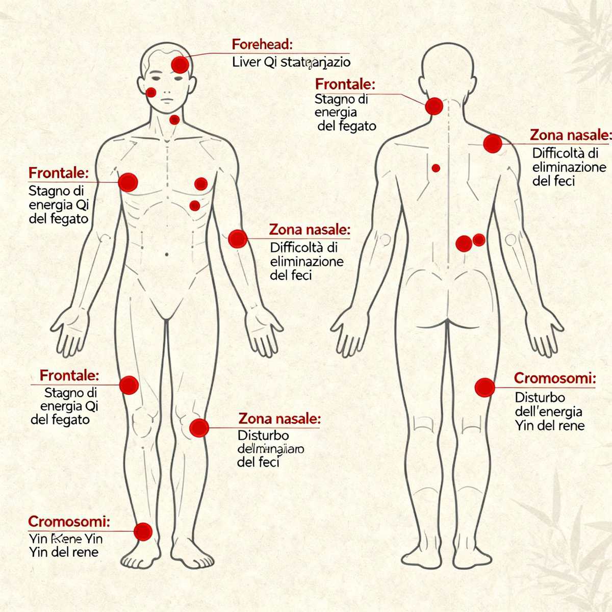 Mappe di medicina cinese che evidenziano i punti di agopuntura e le zone del corpo correlate all'energia e ai disturbi fisici, utili per trattamenti di benessere e salute naturale.