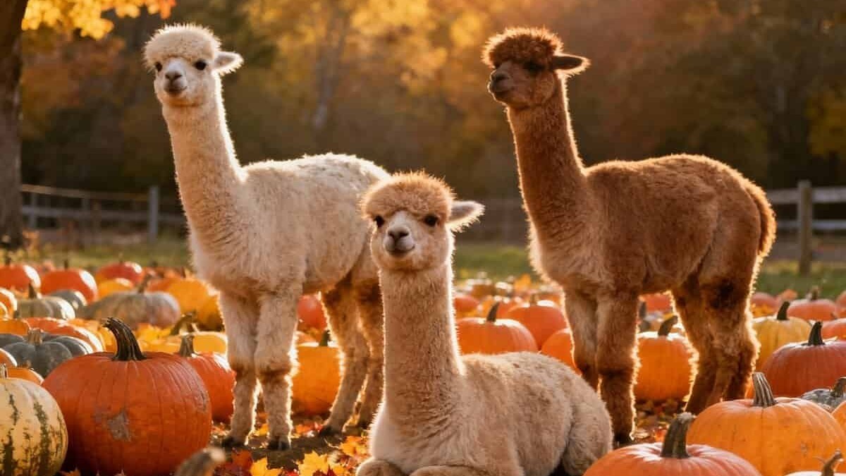 Albero autunnale con foglie gialle e arancioni, tre alpaca tra zucche di Halloween, paesaggio rurale, atmosfera calda e accogliente, ideale per blog su natura e agricoltura.