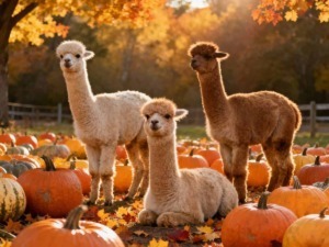 Albero autunnale con foglie gialle e arancioni, tre alpaca tra zucche di Halloween, paesaggio rurale, atmosfera calda e accogliente, ideale per blog su natura e agricoltura.