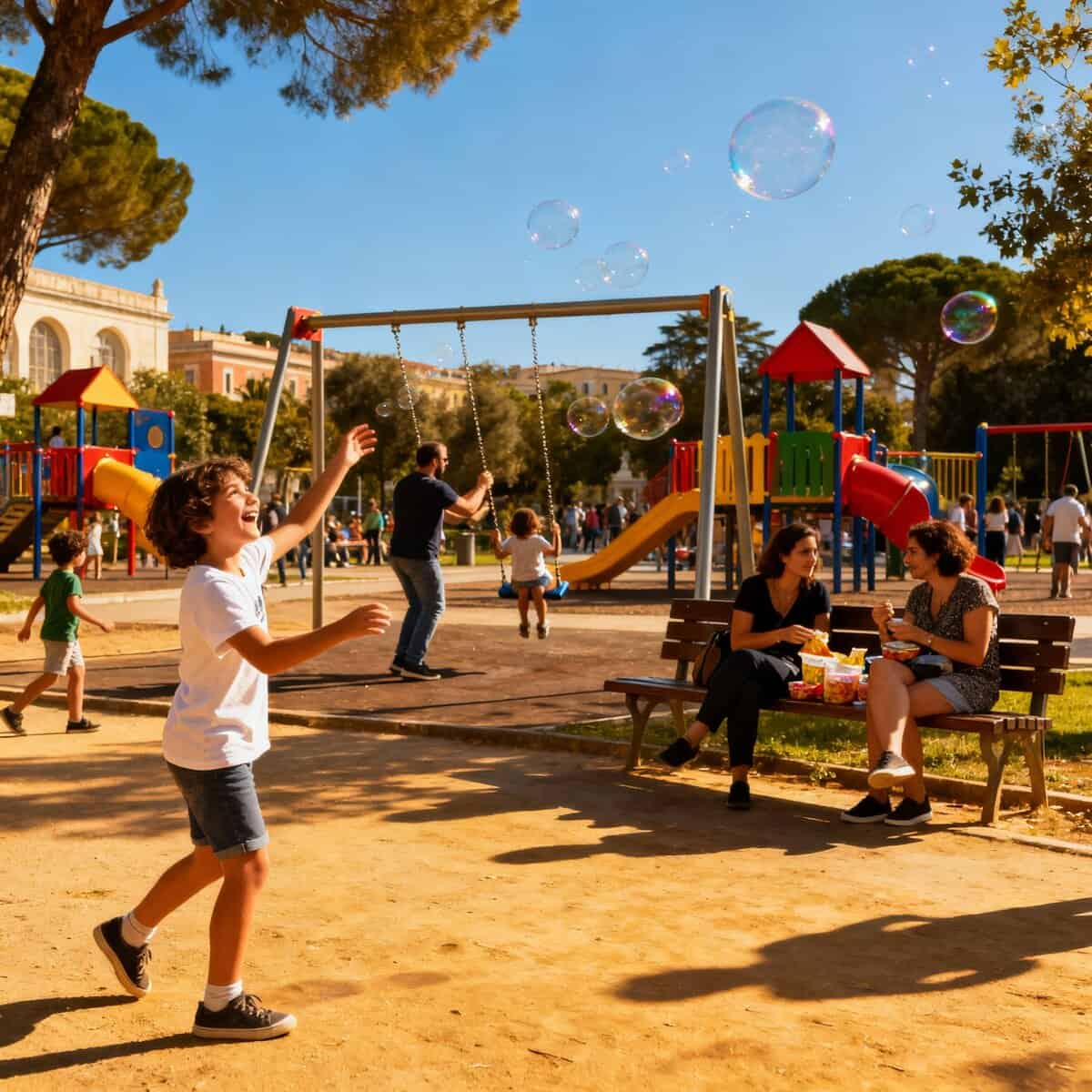 Bellissimo parco giochi all'aperto con bambini che giocano, adulti che si rilassano e bolle di sapone che creano un'atmosfera gioiosa e vivace in una giornata di sole.
