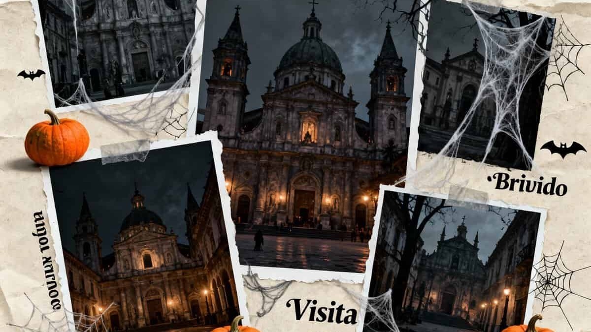 Chiese spaventose di Napoli, atmosfera gotica e misteriosa, perfetta per Halloween, con immagini di chiese illuminate di notte, decorazioni di zucche e ragnatele per un tour spettrale nella città.