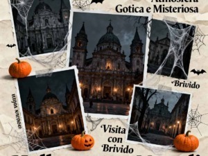 Chiese spaventose di Napoli, atmosfera gotica e misteriosa, perfetta per Halloween, con immagini di chiese illuminate di notte, decorazioni di zucche e ragnatele per un tour spettrale nella città.