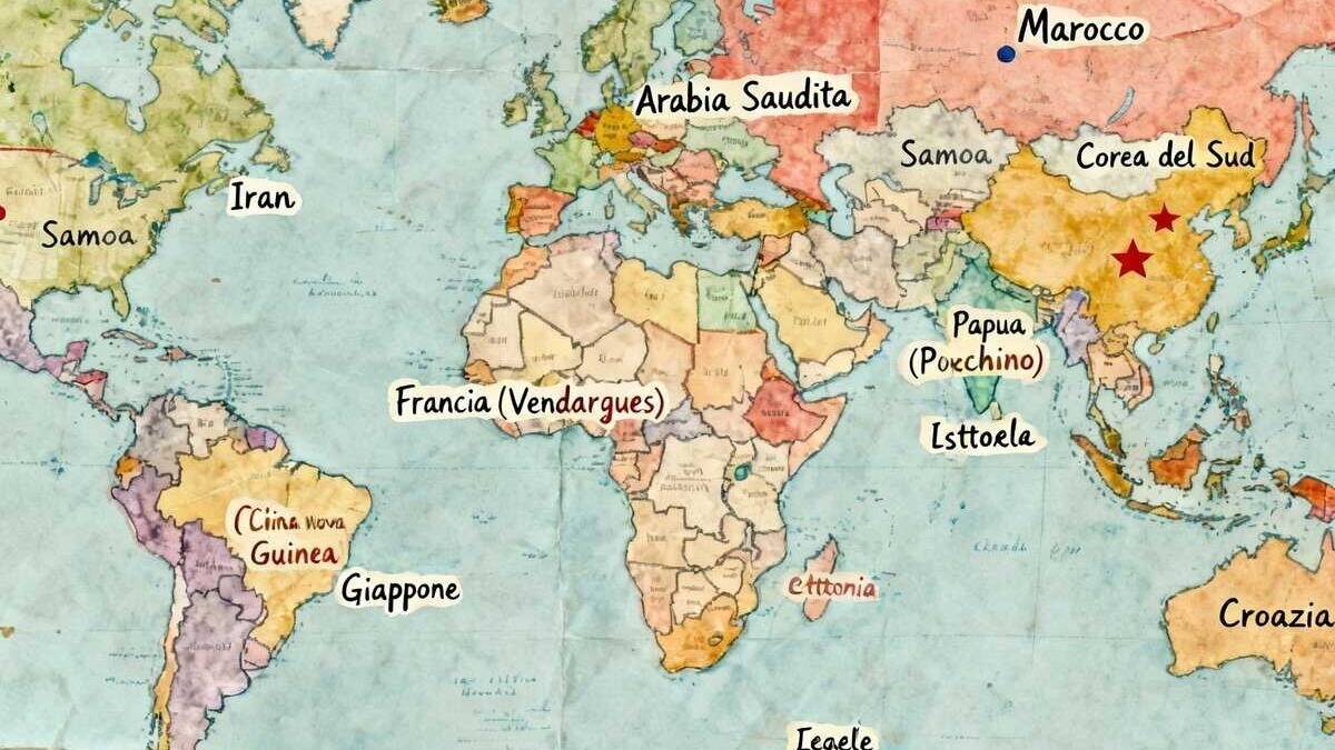 Africa, Asia, Europe, and Oceania on a colorful world map with country names handwritten, including Arabia Saudita, Corea del Sud, and Papua.