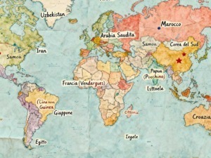Africa, Asia, Europe, and Oceania on a colorful world map with country names handwritten, including Arabia Saudita, Corea del Sud, and Papua.