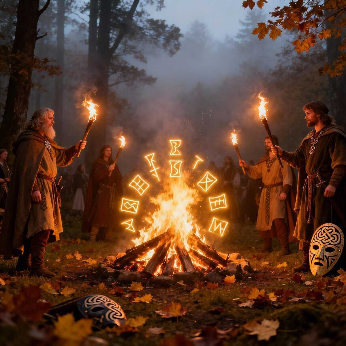 Celebrazione del falò rituale autunnale per la festa celtica di Samhain che emergono tra le fiamme, creando un'atmosfera misteriosa e simbolica di antiche tradizioni norrene.