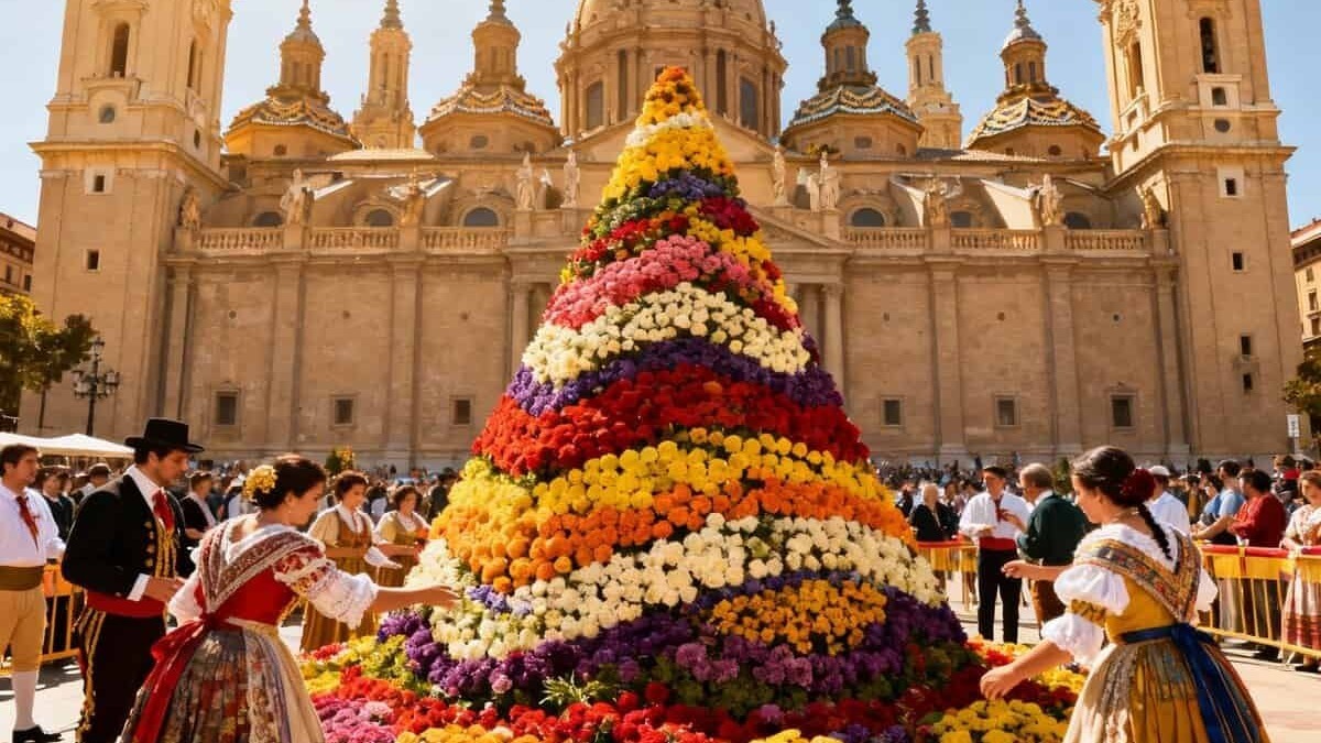 Fiorella di fiori variopinti decorata a festa davanti a una chiesa barocca in Spagna, con persone in abiti tradizionali che la ammirano e partecipano alla celebrazione.