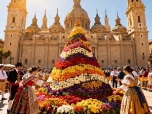 Fiorella di fiori variopinti decorata a festa davanti a una chiesa barocca in Spagna, con persone in abiti tradizionali che la ammirano e partecipano alla celebrazione.