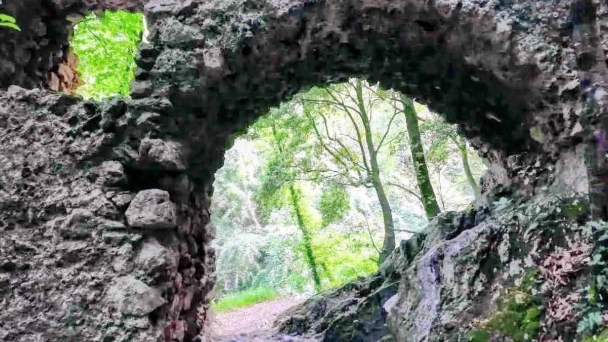 Antica struttura in pietra con dentro un paesaggio di bosco e alberi verdi, avvolta in un’atmosfera di natura e storia, ideale per appassionati di escursioni e archeologia.