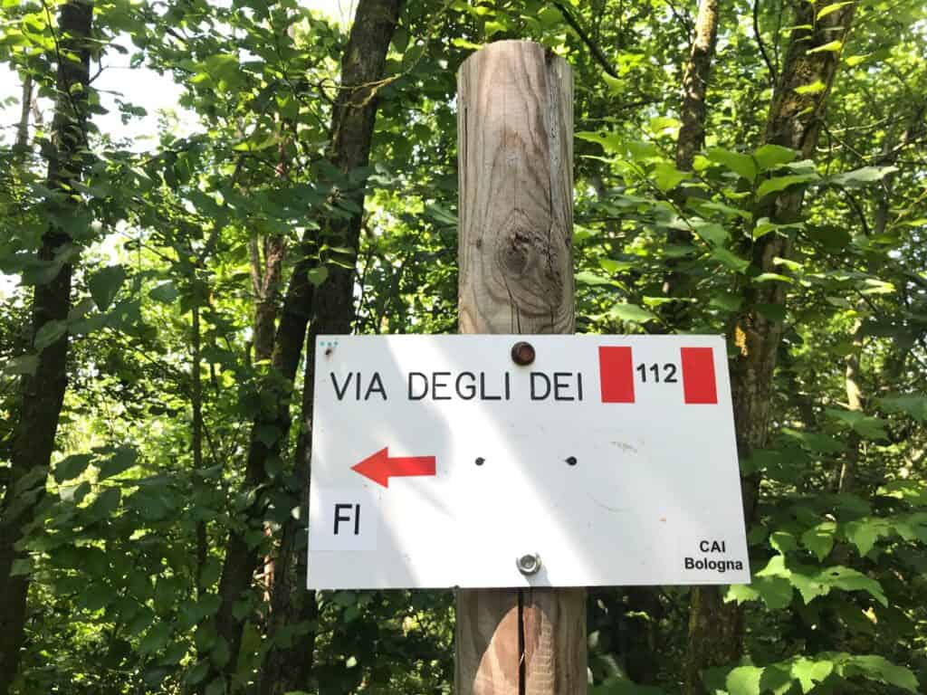 Via degli Dei in autunno: Sentiero nella natura con segnale stradale "Via degli Dei" in una foresta, indica direzione e emergenza 112, ideale per escursioni e trekking in Italia.
