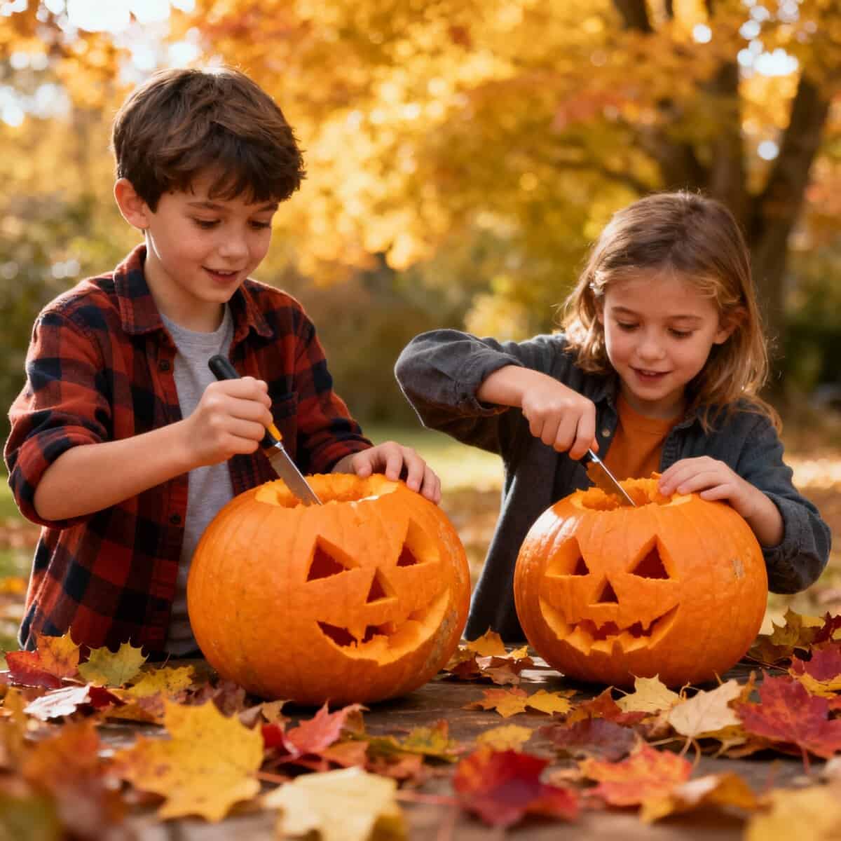 Pumpkin carving con bambini, attività creativa di Halloween all'aperto, decorazione di zucche intagliate. Divertimento autunnale per tutta la famiglia, preparazione per la festa di Halloween.