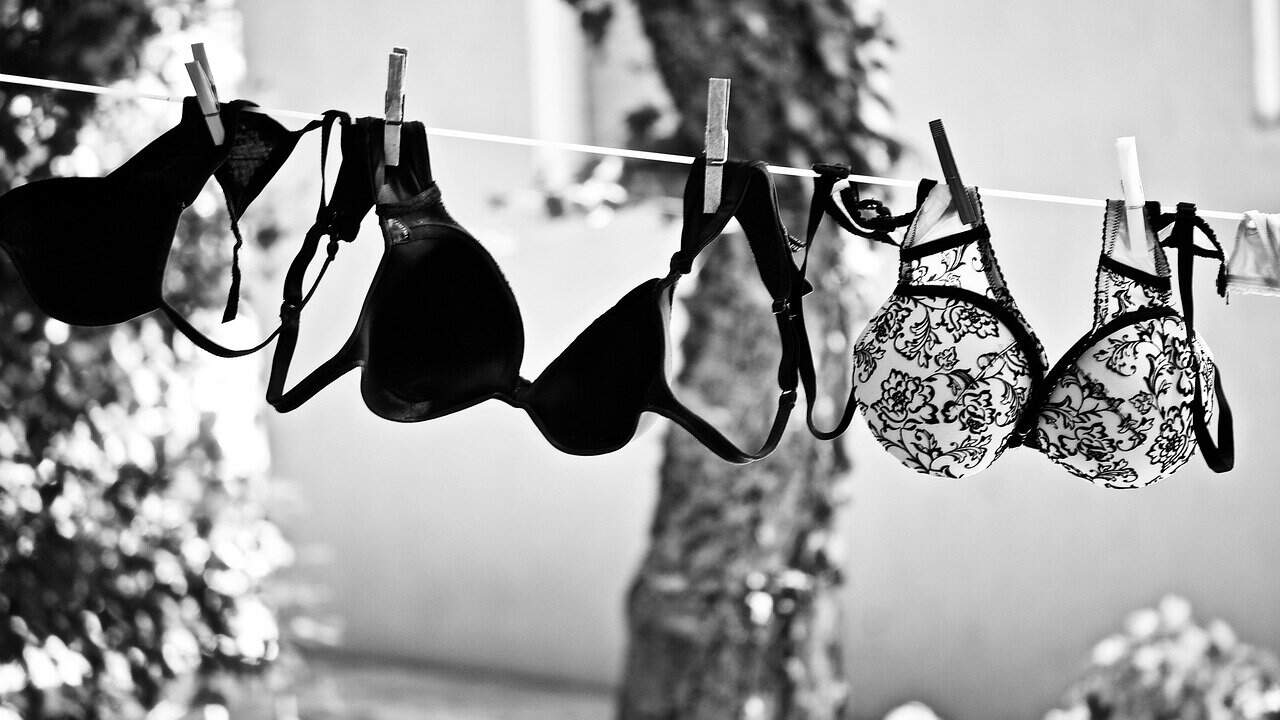 Calze e biancheria intima appese ad una fune, in bianco e nero, con sfondo di alberi e natura, immagini di moda e lingerie outdoor, perfette per contenuti di blog di moda e lifestyle.