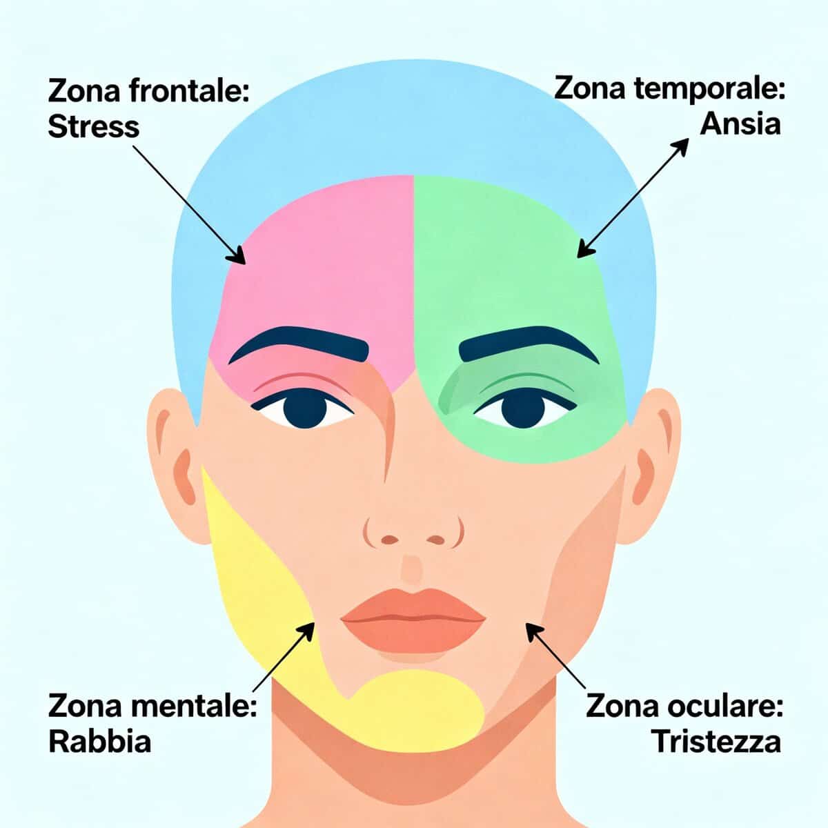 Acne tardiva dopo la pubertà: Suggerimenti per lo stress, ansia, rabbia e tristezza sul volto umano – mappa delle zone emotive e mentali, illustrando come diverse emozioni influenzano il viso e la mente.