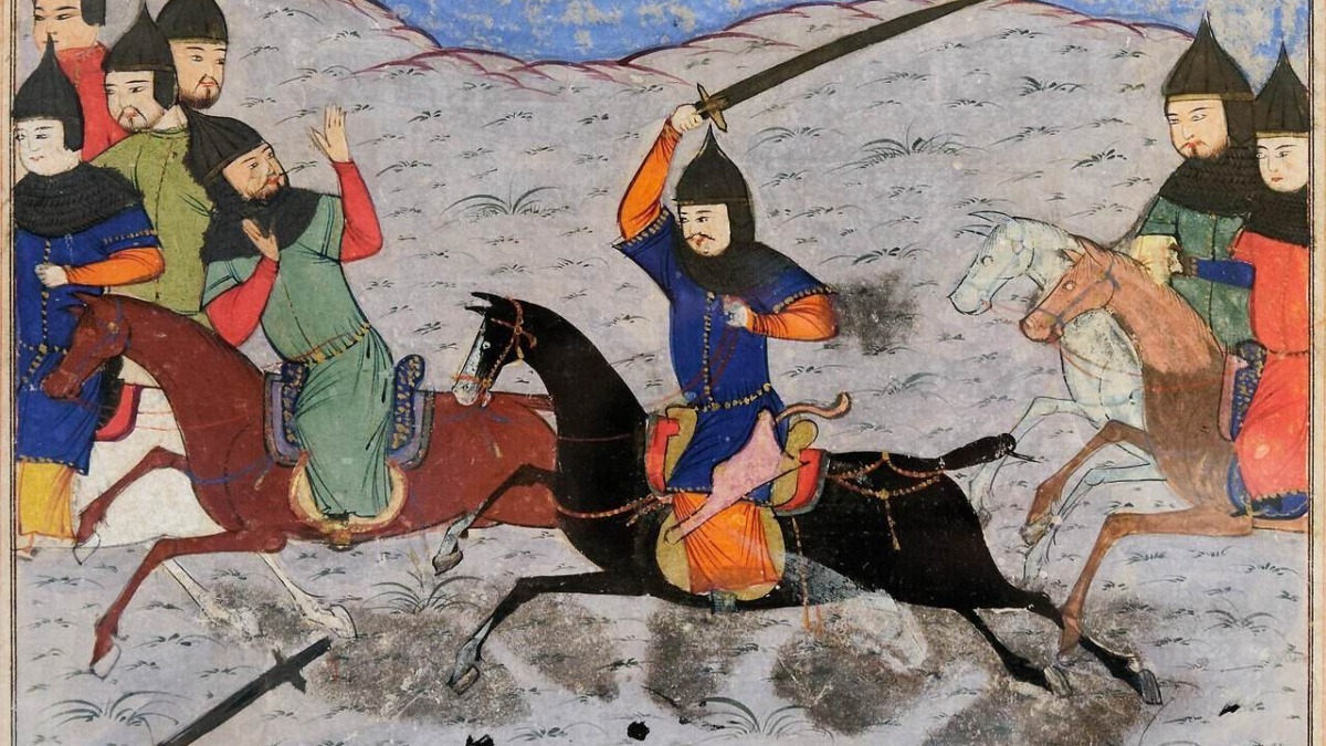 Cavaliere arabo in battaglia su un cavallo nero, sguardo deciso, scenario storico medievale, pellegrinaggio militare, guerra antica, arte orientale, illustrazione di epoca storica.