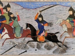 Cavaliere arabo in battaglia su un cavallo nero, sguardo deciso, scenario storico medievale, pellegrinaggio militare, guerra antica, arte orientale, illustrazione di epoca storica.