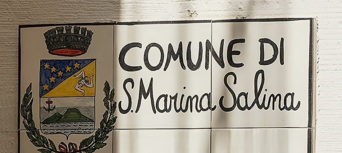 Comune di S. Marina Salina, targa in ceramica con stemma comunale e nome del municipio, simbolo di identità e patrimonio locale.