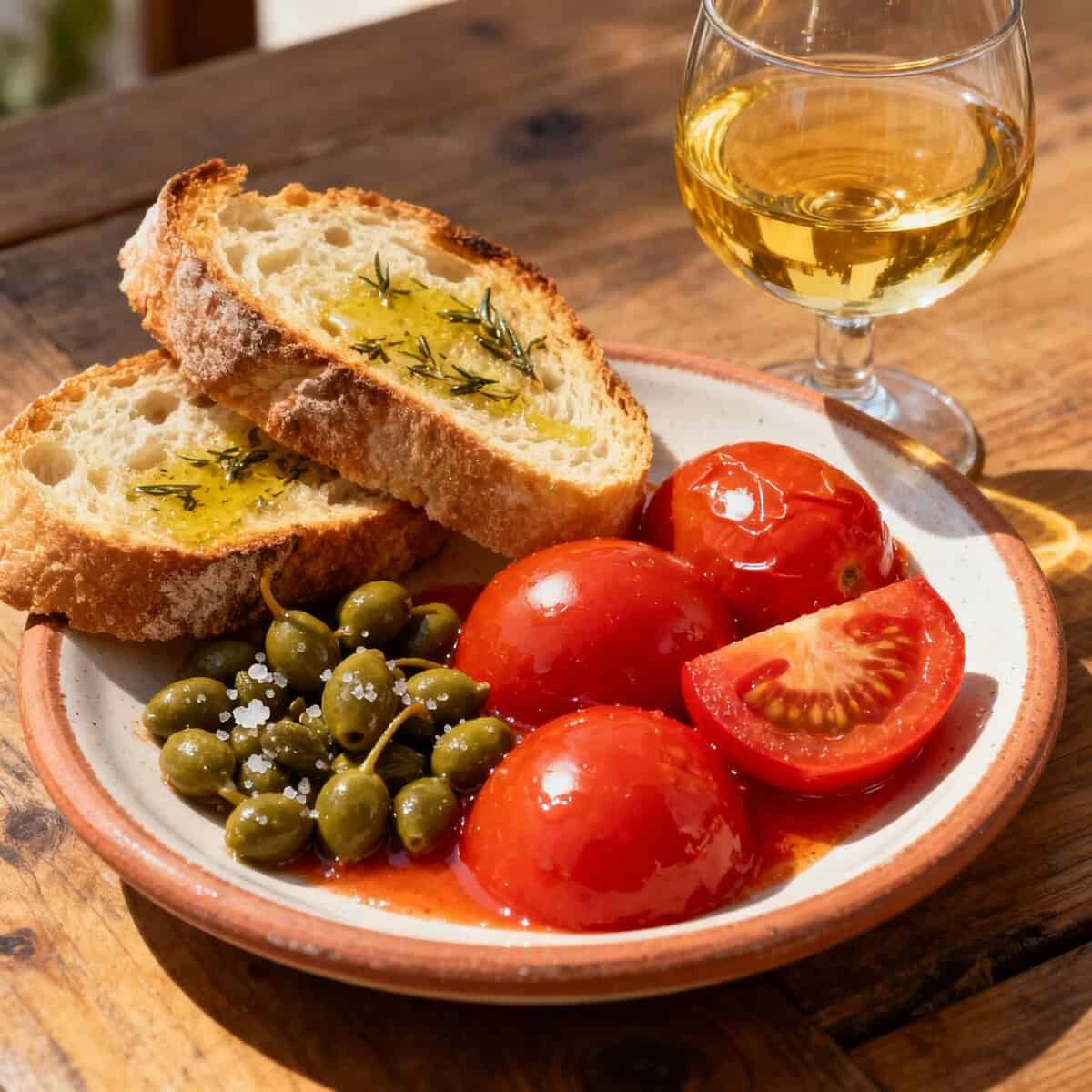 Fette di pane casereccio con burro all'aglio, pomodori maturi, uva verde e vino bianco, su un piatto rustico in stile italiano, perfetto per antipasto o aperitivo.