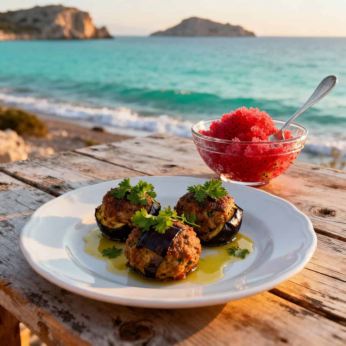piatto di polpette di melanzane siciliane con granita al fico d’India su tavolo eoliano vista mare