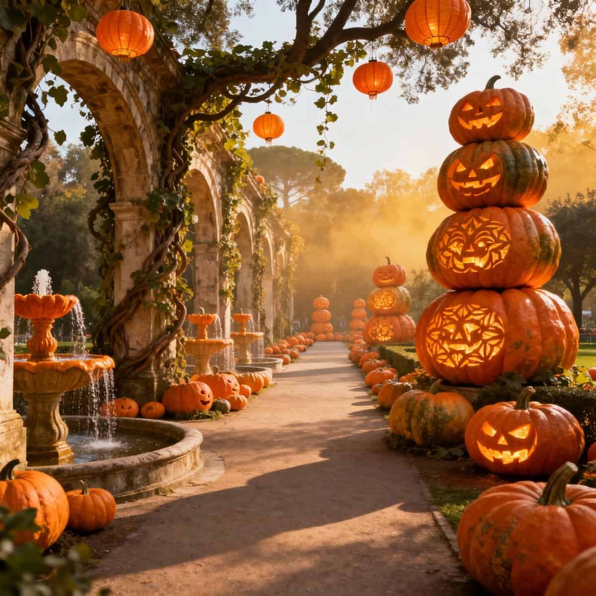 Decorazioni di zucche di Halloween con facce spaventose, tra lanterne di carta e fontane in un parco autunnale, atmosfera festosa e suggestiva per il periodo di Halloween e l'autunno.