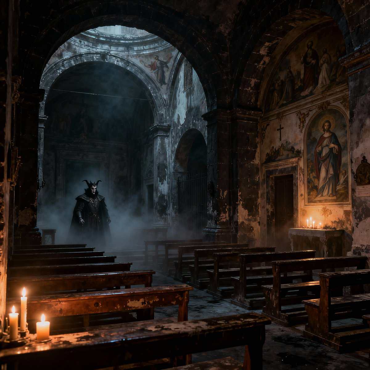 Chiesa di Santa Maria La Nova - tomba conte Dracula. Vampiro in una chiesa abbandonata, atmosfera spettrale e inquietante, illuminata da candele, con pareti decorate con affreschi sacri e un ambiente gotico e misterioso, perfetto per racconti horror o temi oscuri.