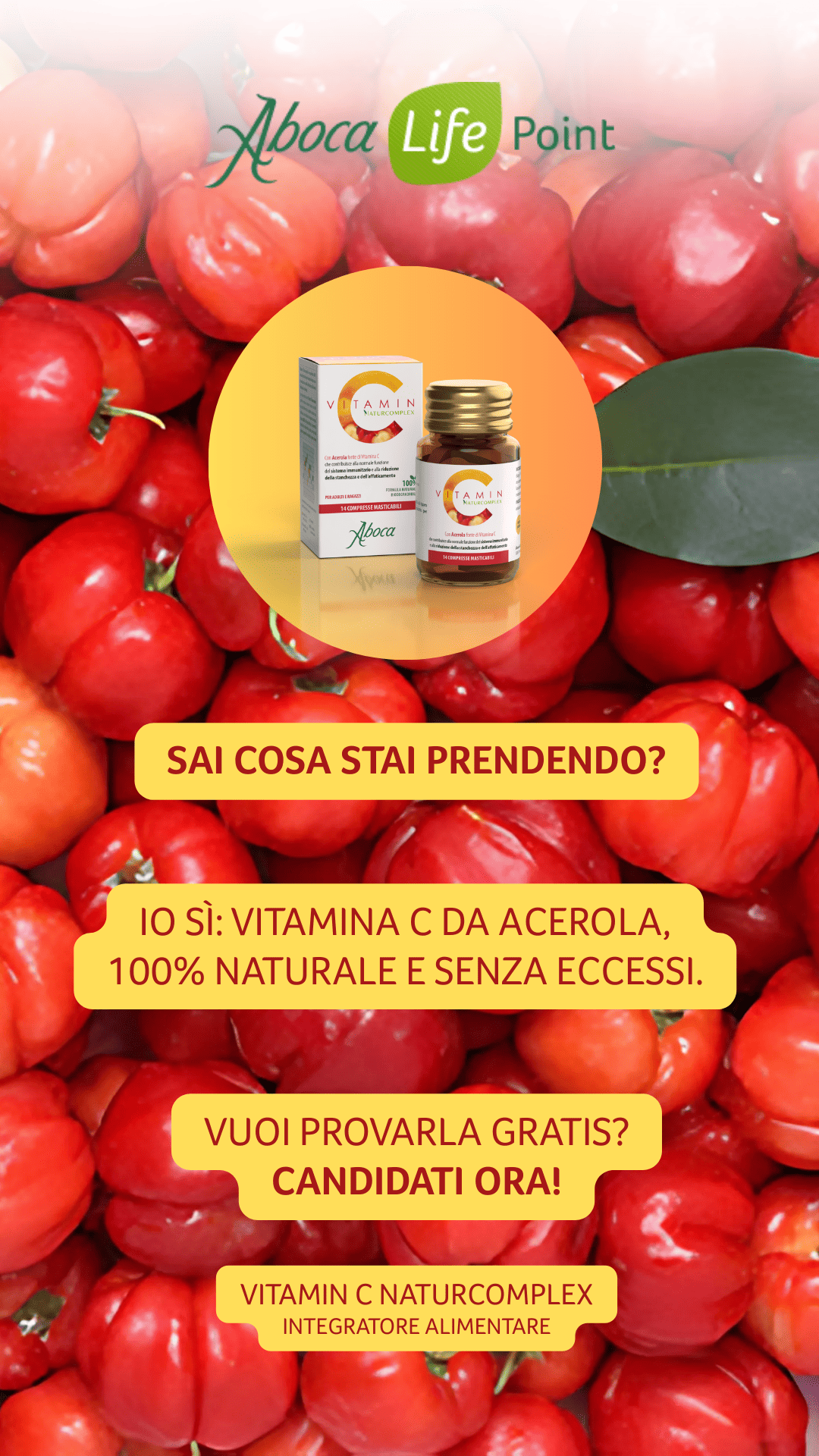 Vitamina C acerola, integratore naturale, salutare, senza eccessi, contribuisce alla normale funzione del sistema immunitario, prodotto naturale, benessere, integratori alimentari, vitamina C naturale, prodotti fitoterapici.