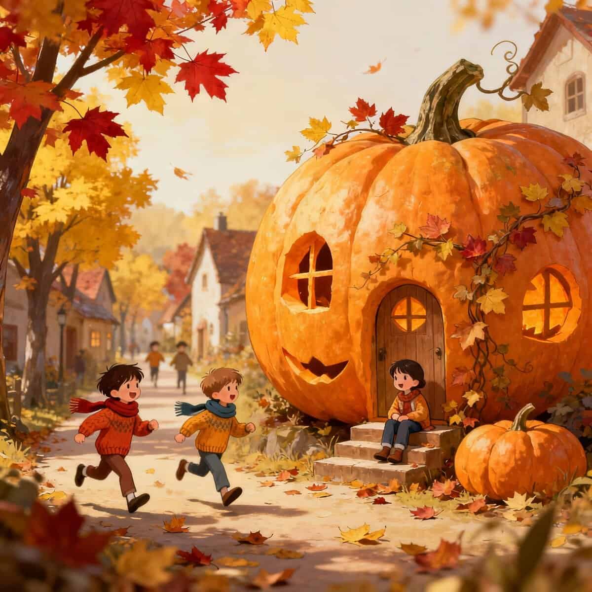 Villaggi delle zucche in campania: Fusione di una scena autunnale con case e una grande zucca decorativa a forma di casa, bambini che giocano e ambientazione di foglie cadute, perfetta per contenuti di blog su autunno, Halloween e tradizioni.