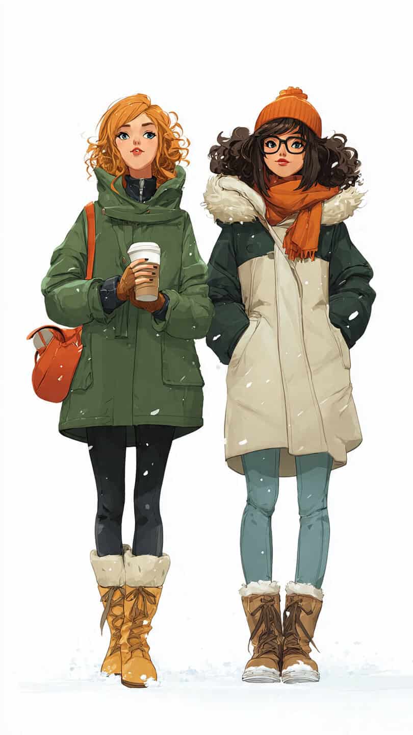 Didascalia di due ragazze in abbigliamento invernale, eleganti e calde, con cappotti, stivali e accessori alla moda, in un'ambientazione nevosa.