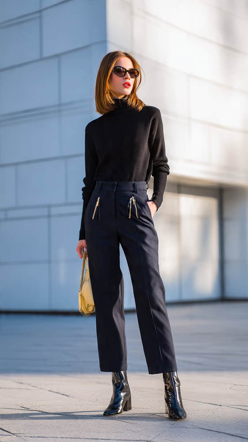 Donna con stile sofisticato, abbigliamento total black e occhiali da sole, posa su sfondo urbano moderno.