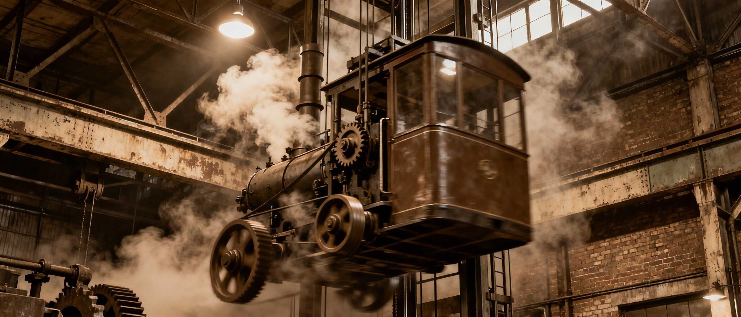 Vapore di una locomotiva d'epoca che si muove all'interno di un magazzino industriale abbandonato, creando un'atmosfera nostalgica e suggestiva.
