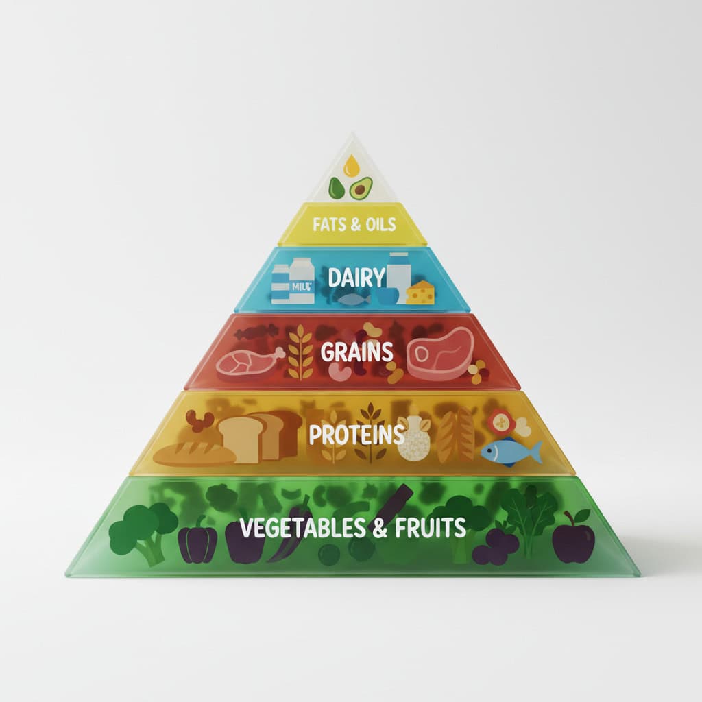 Alimentazione sana, piramide alimentare con verdure, proteine, cereali, latticini e grassi sani per uno stile di vita equilibrato e nutriente.