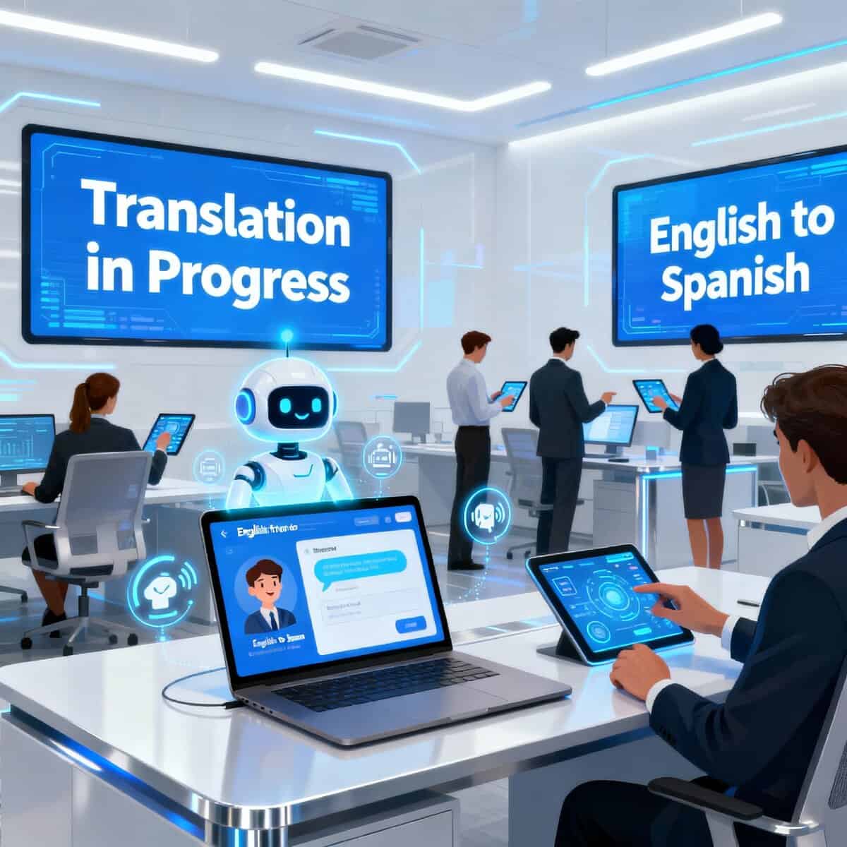 Traduzione in corso, assistenza linguistica, chatbot, intelligenza artificiale, traduzione automatica, tecnologia per traduzioni.