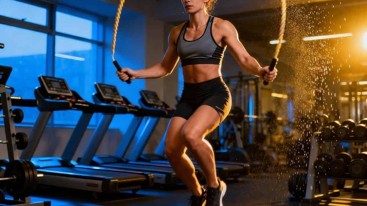 Una donna che fa esercizi di cardio con il salto con la corda in palestra moderna e ben illuminata, focus sulla forma fisica e fitness.